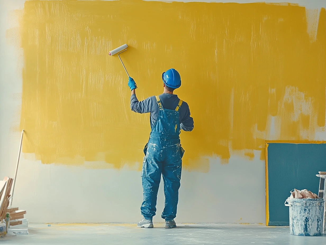 Painter covering Byron Bay home's wall with yellow paint